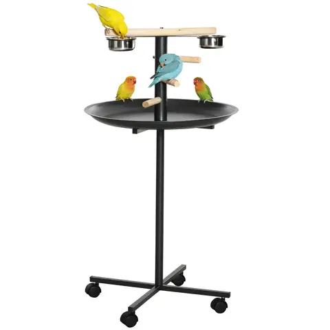 PawHut Parrot Perch Stand, Large Bird Play Stand, Metal Bird Table Feeder Station with Stainless Steel Bowls, Four Wheels, Round Tray, Black