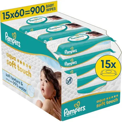 Pampers Aqua Soft Touch Feuchttücher, 15 × 60 = 900 Feuchttücher