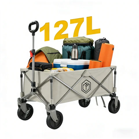 ochama Portable Outdoor Camping Cart - Heavy Duty Foldable Utility Cart for Camp, Picnic, Beach, Garden, and Travel - Collapsible Storage Trolley with 127L Large Capacity, 200kg Load - Off-White