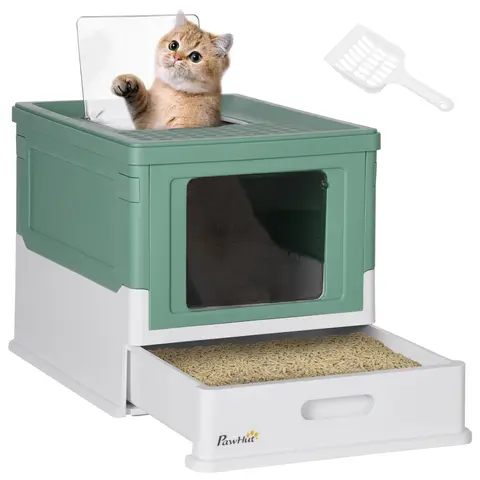 PawHut Cat Litter Box with Pull-Out Drawer Pan, Foldable Hooded Litter Tray with Lid & Scoop, Easy Clean, Odour Control Green