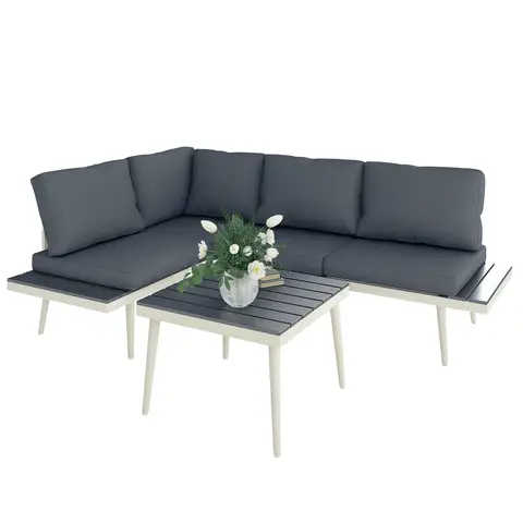 Outsunny 3 Piece Garden Furniture Set with 5-Level Adjustable Lounger, L Shaped Garden Corner Sofa with Cushions, Mesh Seat, Slatted Wood-Grain Table, Outdoor Furniture Set for Conservatory, Grey