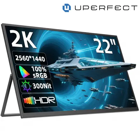 UPerfect 22 Zoll 2K tragbarer Monitor mit 2560 x 1440 QHD IPS, 180° verstellbarer Stand, USB‑C, Mini‑HDTV, Dual‑Lautsprecher, für Laptop, PC, PS4/5, Switch, Xbo, VESA‑kompatibel