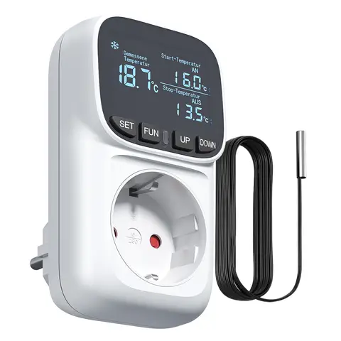 Dewenwils digitaler Thermostat-Steckdose, 230 V, mit Sensor, Heiz- & Kühlfunktion, deutsches Display, für Gewächshaus, Terrarium & Kühlschrank