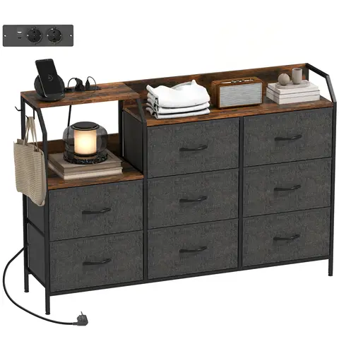 HOMCOM Fabric Chest of Drawers Bedroom with Charging Station, Dresser with 8 Fabric Drawers and Steel Frame for Living Room, Rustic Brown and Black