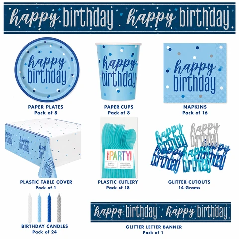 Blue Birthday Party Tableware & Decoration Bundle - 9 Pc - Tablecover, Paper Plates, Paper Cups, Cutlery, Napkins, Banner, Balloons, Candles, Confetti