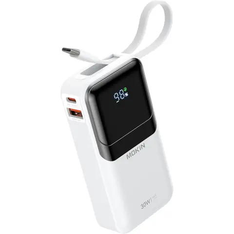Power Bank 10000mAh/30W builtin Dual Cables White