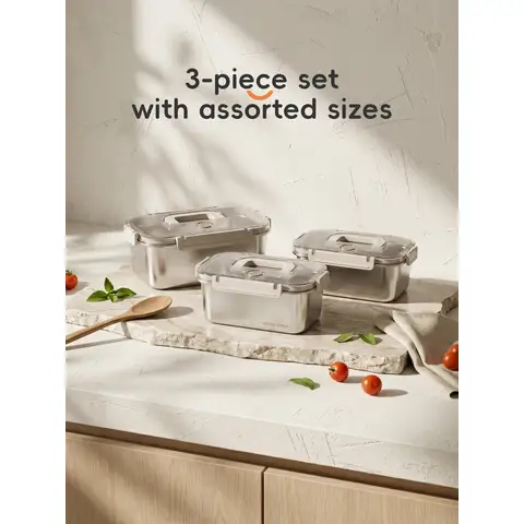 PURECOOK 304 Stainless Steel 3|Piece Rectangular Food Storage Container | Snap|On White|Rimmed Lids