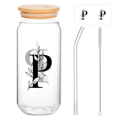 Alphynix 1 modernes Glas, 500ml hohes Eiskaffeeglas mit Monogramm "P"-Design, Bambusdeckel & Strohhalm, Kaltgetränkebecher für Eistee, Saft, Boba,Geschenk zum valentinstag, geschenk zum geburtstag
