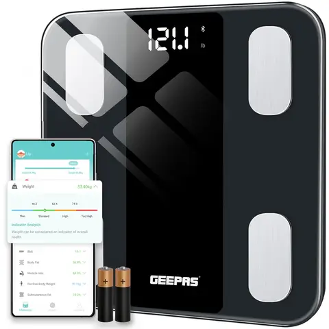 Geepas Smart Body Fat Weighing Scales with Bluetooth App Connectivity, LED Display, 14 Body Metrics including BMI, 180 kg Capacity, Black