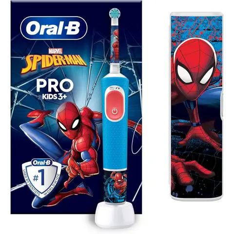 Oral-B Pro Kids Spiderman Elektrische Zahnbürste, für Kinder ab 3 Jahren, inklusive Sensitiv-Modus für Zahnpflege, extra weiche Borsten, 1 Bürstenkopf, 1 Reiseetui, 4 Sticker, Blau/Rot