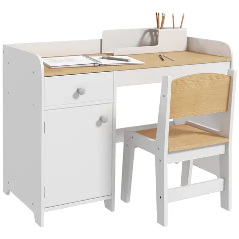 ZONEKIZ Kids Desk and Chair Set for 3-6 Years with Storage Drawer, Study Table and Chair for Children - White