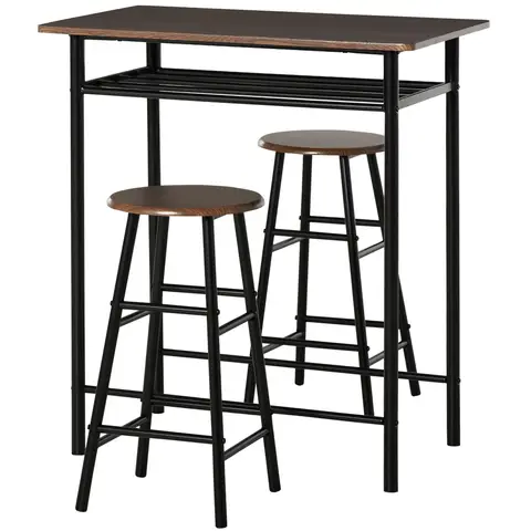 Homcom Bar Table & 2 Stools Set Compact Black/Walnut