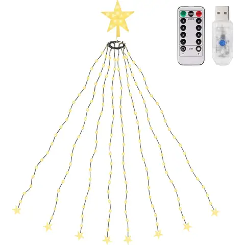 SALCAR 1,5 m kerstboomverlichting met ring, kerstboomlichtketting en 1 kerstboompiek, 130 led-lichtketting voor boom, dennenboom, groene riem, struik, warm wit