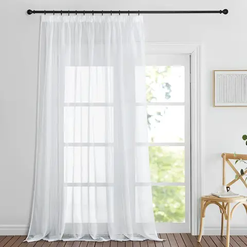 PONY DANCE Sheer Linen Look Curtain Pencil Pleat, 1 Panel W300 x L245cm (W118 x L96inch), White