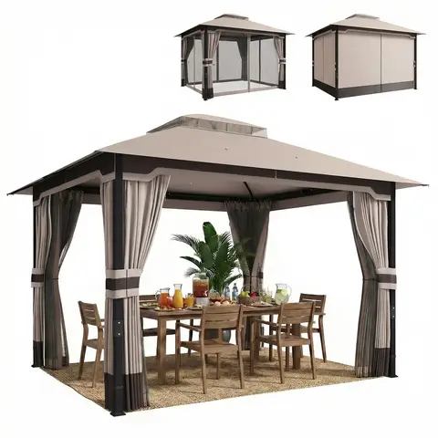 Outsunny 3 x 3.6 m Outdoor Garden Gazebo with Netting and Curtains, Double Roof Patio Gazebo Permanent Pavilion Canopy Shelter with Metal Frame, Drainage Holes, Khaki