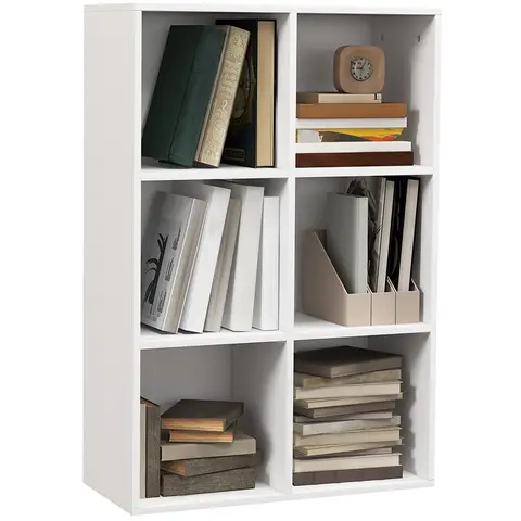 HOMCOM 3 Tier Bookshelf, Modern Cube Bookcase with 6 Open Storage Compartments, Freestanding Display Storage Unit White