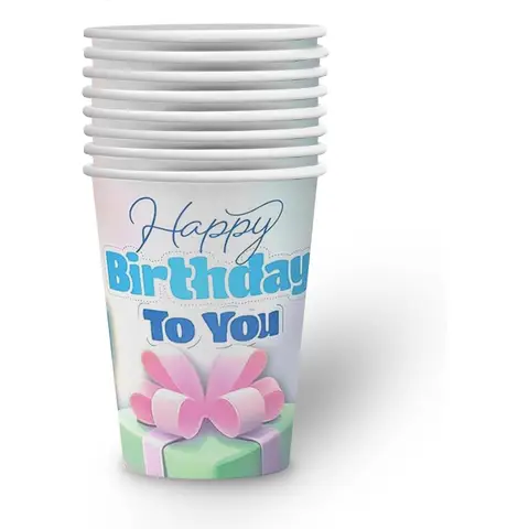 Pappbecher Geburtstag, 250 ml, 8 Stück, Pastellfarben, Happy Birthday, Trinkbecher aus Pappe als Deko für Geburtstagsparty, Einweg Becher Tischdeko