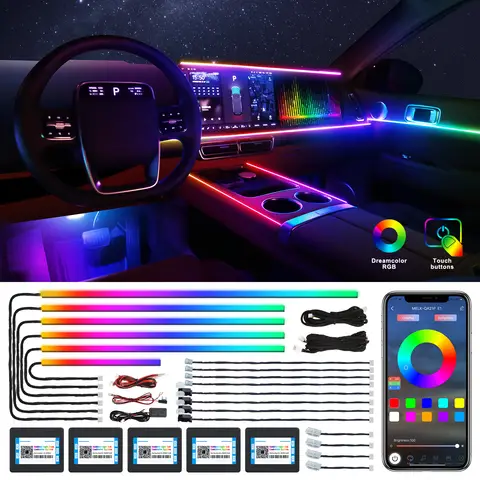Dreamcolor Acryl-LED-Streifen für den Innenraum des Fahrzeugs, mit App-Steuerung per Bluetooth, 18-in-1 RGB, 175 Zoll, 600 LEDs, Faseroptik-Ambilight-Set mit Dual-Zone Sound-Active-Funktion