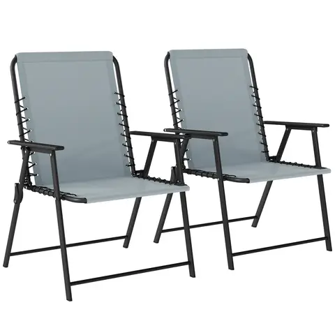 Outsunny Folding Garden Chairs Set of 2, Foldable Garden Dining Chairs with Wide Texteline Seat, High Back and Armrests, All Weather Outdoor Chair Set for Patio, Balcony, Camping, Beach, Light Grey