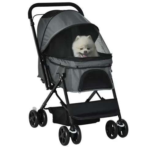 PawHut Dog Stroller, Pet Stroller, Foldable Dog Cat Travel Pushchair with Reversible Handle, EVA Wheels, Brake, Basket Grey