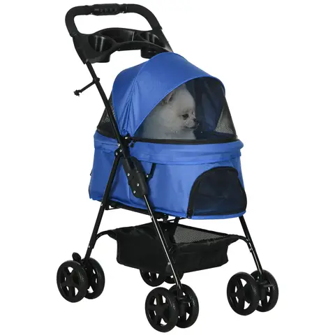 PawHut Dog Pram Dog Stroller Foldable Pet Pushchair with 4 Wheels, Safety Leashes, Cup Holder for Small Dogs Blue