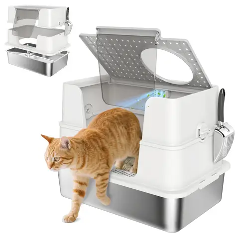 PawHut Stainless Steel Cat Litter Tray, XL Enclosed Cat Litter Box with Lid, Scoop, Side Top Dual Entry, Easy Clean, Odor Control, Anti-Leaking, Light Grey