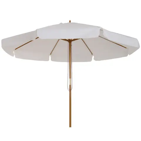 Outsunny 3.3m Wooden Garden Parasol Umbrella, Outdoor Sun Shade Canopy with 8 Bamboo Ribs, Ruffles and 4.7 cm Wood Pole for Balcony Deck Yard Market Beach Pool, Cream White