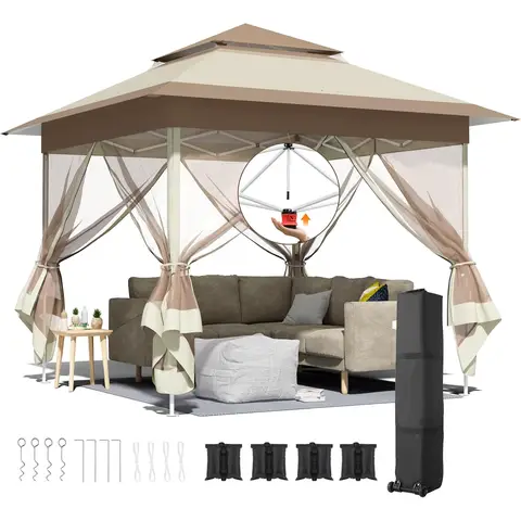 Pop-Up-Pavillon 3,3x3,3 m mit Netzseiten, wasserdichter Doppeldecke UV50+, sofort faltbar mit Sandbeuteln für Garten Terrasse