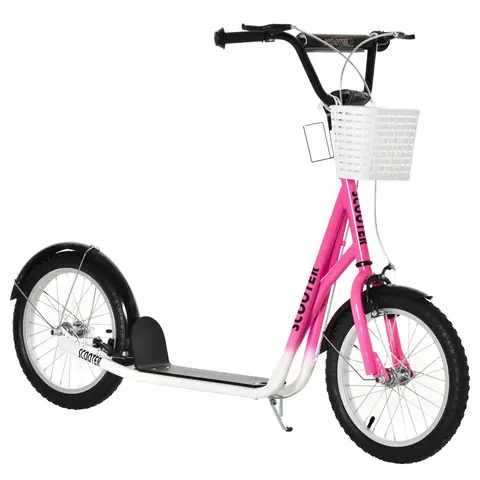 HOMCOM Kids Scooter, Kick Stunt Scooter with Adjustable Handlebar, Dual Brakes, Basket, Cupholder, Mudguard Pink