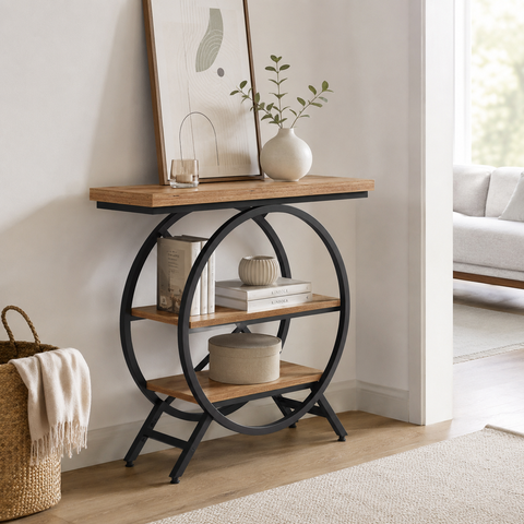 LANTINE Table console industrielle avec cadre géométrique métallique et plateau épais brun rustique - 100 cm