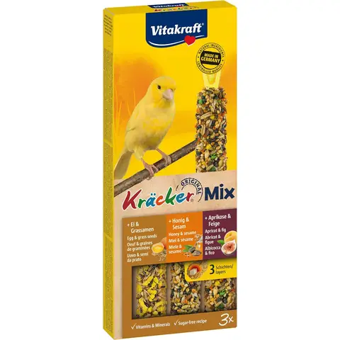 Vitakraft -21229-, Cracker Trio-Mix (Eigras-Samen / Aprikose-Feige / Honig-Sesam) für Kanarienvögel 80g