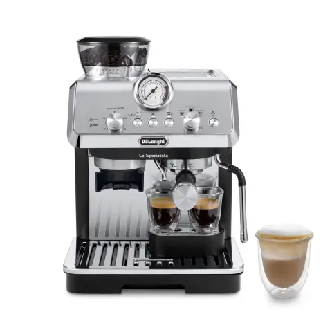 De'Longhi La Specialista Arte EC9155.MB Espresso-Maschine mit Mahlwerk, 8 Mahlstufen, voreingestellte Rezepte, 3 Temperaturen, Milchschaum-Düse, Edelstahl/schwarz, 1,7 l Tank, Weiß mit Barista-Kit