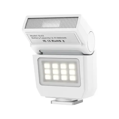 ULANZI SL03 Mini Camera Flash with Video Light, GN8 6500K Camera Speedlite Flash Units, 90° Adjustable, 4 Power Levels (1/8~1/1), Universal Single Contact Hot Shoe for Sony/Canon/Fuji DSLR, White