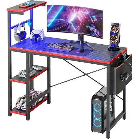 Bestier Kleiner Computertisch mit LED-Beleuchtung, Tisch mit Regal, umkehrbarer Tisch 113 x 50 cm, Bürotisch mit Seitentaschen, für kleine Räume im Home Office