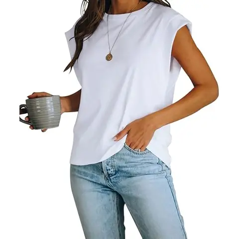 Women's Cap Sleeve Tank Top Crew Neck T Shirts Loose Fit Basic Summer Casual Tee Tops (white, L)