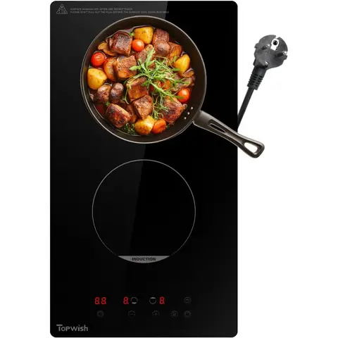 Topwish 2-Burner Induction Hob, Built-In, Double Induction Cooktop, Child Lock, Residual Heat Indicator, Boost, 3500W, 30cm