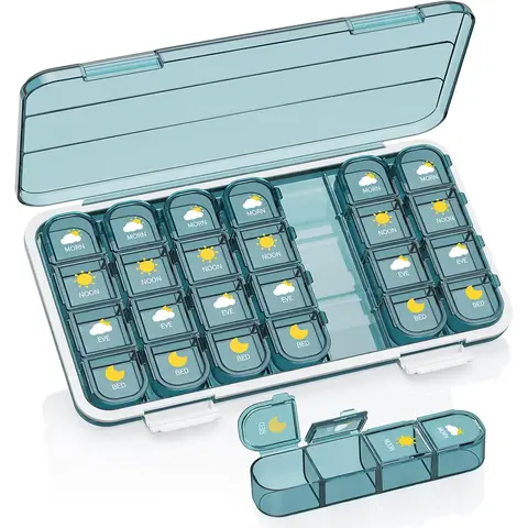 Pill Organizer 4 Times A Day, Pill Box 4 Times A Day 7 Day - GAONLY Weekly Medicine Box Organizer with Separate Case, Portable Daily Pill Container Dispenser for Vitamin, Fish Oils, Supplements, Blue
