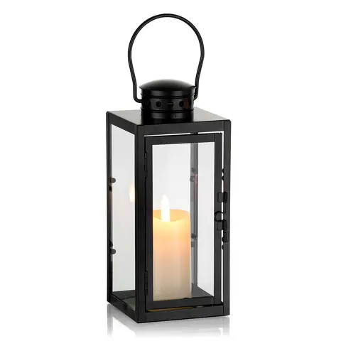Black Lanterns Decorative Indoor: 9.5 inch Hanging Wedding Hurricane Lantern with Clear Glass Farmhouse Candle Holder for Living Room Front Porch Table Mantle Garden Wall Decorations