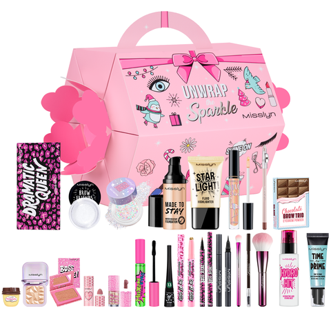 MISSLYN Coffret cadeau surprise de fin d’année, ouverture du coffret étincelante, 23 produits, incluant rouge à lèvres, gloss, palette de fards à paupières, maquillage et accessoires de maquillage - Cadeau de Nouvel An | Cadeau de Saint-Valentin