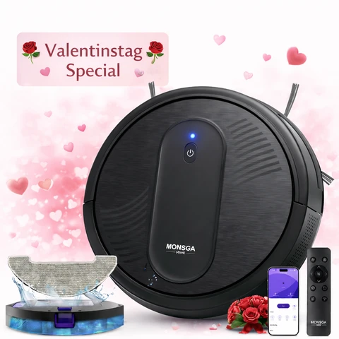 MonsgaClean MR1 Staubsauger-Roboter, 3000Pa starke Saugkraft, 3,2" Super-Schlank, 140 Min Laufzeit, Roboter-Staubsauger für harte Böden/Niedriger Teppich/Haustierhaare, Fernbedienung/App/Sprachsteuerung, Planmäßiges Reinigen