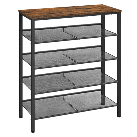 VASAGLE 5-Layer Steel Shoe Rack 4 Mesh Shelves Top Storage Industrial Brown Black