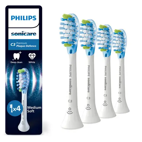 Philips Sonicare Premium Plaque Defence C3 – Opzetborstels voor Elektrische Tandenborstel – Wit – Verpakking van 4 - Tandplakverwijdering HX9044/87