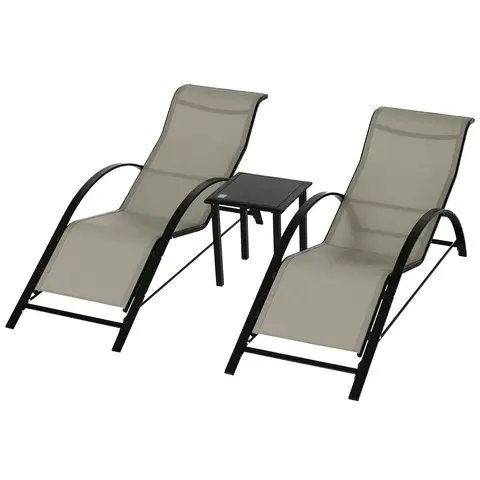 Outsunny 3 Pieces Sun Lounger Chair Set, Metal Frame Outdoor Garden Recliner Chairs with Glass-Top Side Table and Armrests fo