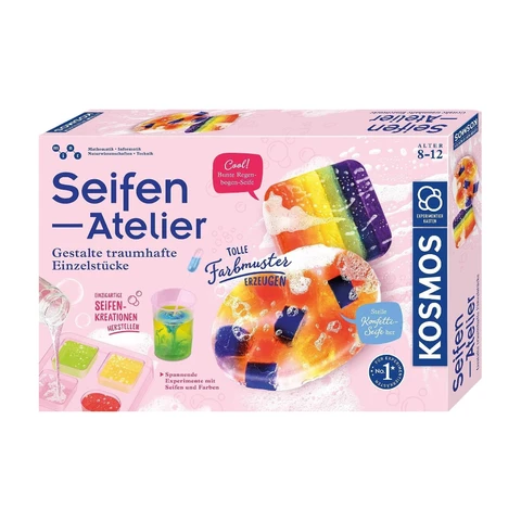 KOSMOS 671518 Seifen-Atelier, Gestalte traumhafte Einzelstücke, Komplett-Set mit Gießformen, Werkzeug, Farben, Rohmasse, Experimentierkasten für Mädchen u.Jungen ab 8-12 Jahre zu Kosmetik u. Chemie