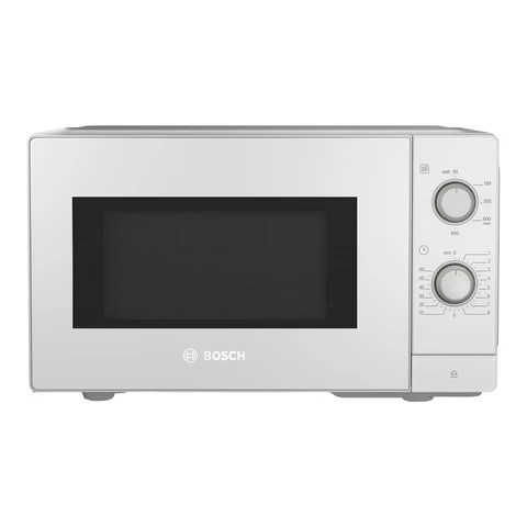 Bosch FFL020MW0 Serie 2 Freistehende Mikrowelle, 26 x 44 cm, 800 W, Drehteller 27 cm, Türscharnier links, AutoPilot 7 mit 7 Automatikprogrammen, Reinigungshilfe, LED-Touch-Display, Weiß [Energieeffizienzklasse B]