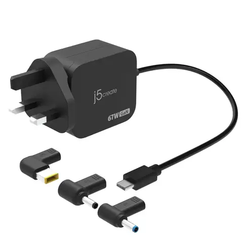 j5create JUP1565DCF3A 67W GaN PD USB-C® Mini Charger with 3 Types of DC Connector - UK, Black