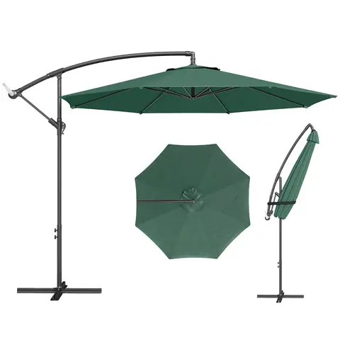 Outsunny 3(m) Garden Banana Parasol Hanging Cantilever Umbrella with Crank Handle, 8 Ribs and Cross Base for Outdoor, Sun Shade, Dark Green