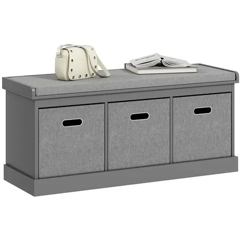 HOMCOM Shoe Bench with 3 Fabric Baskets, Shoe Storage Bench with Seat Cushion, Shoe Cabinet Grey