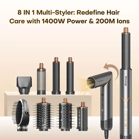 Uniorange M8 8-in-1 Multi-Styler Hair Dryer, 1400W Power & 200M Ions, 110K RPM High-Speed Motor, Dries 4X Faster, Complete Accessory Set Included