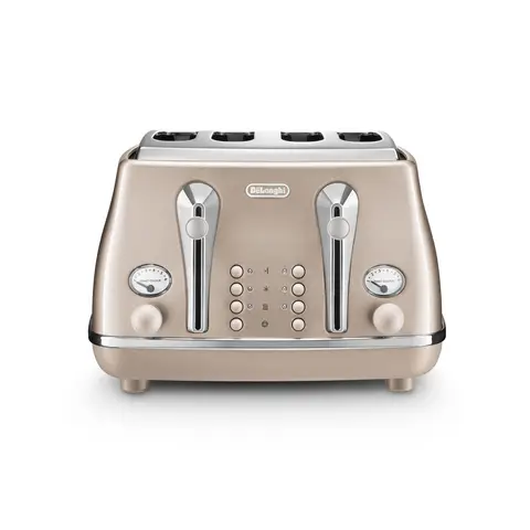 De'Longhi Icona Metallics 4 Slice Toaster, Extra-Wide Slots, Beige - CTOT4003.BG